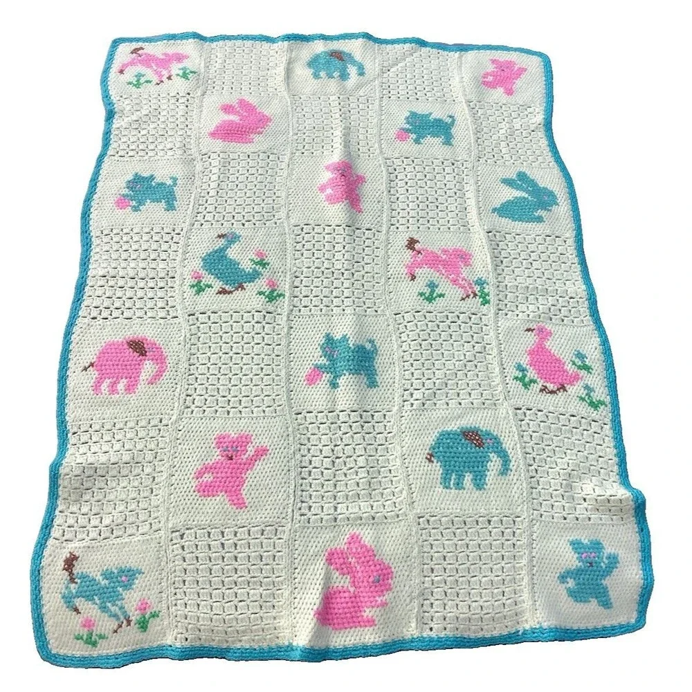 Vintage Crochet Baby Blanket Afghan Throw White Blocks Squares Animals Handmade